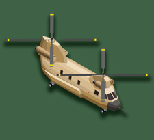 A tan military helicopter toy with two rotors is displayed.