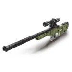 A toy sniper rifle with a scope is constructed from interlocking plastic bricks.