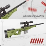 A toy sniper rifle with a scope and six red toy bullets is displayed.