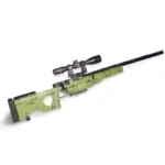 A green toy rifle with a black scope is displayed.
