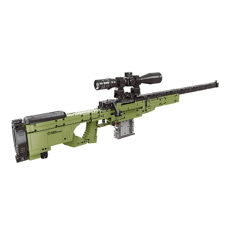 A green toy sniper rifle with a black scope is displayed.