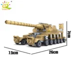 A tan toy tank with a long barrel and multiple wheels is displayed.