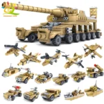 A collection of tan brick toy vehicles including a large tank, several helicopters, planes, and cars.