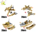 Four sets of tan and gray brick toys are displayed, including two planes and two boats, each with a piece count.