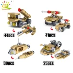Four sets of tan toy vehicles are displayed with their respective piece counts.