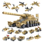 A collection of tan-colored toy vehicles, including tanks, planes, helicopters, and cars.