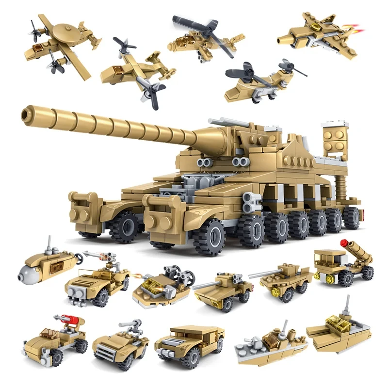 A collection of tan-colored toy vehicles, including tanks, planes, helicopters, and cars.