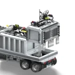 A toy truck with a satellite dish, lights, and opening back panel.