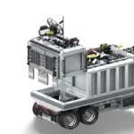 A toy truck with a satellite dish and multiple wheels is shown.