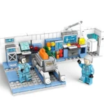 Two figures in blue jumpsuits stand within a brick-built laboratory setting with various screens and equipment.