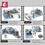 Okay, here are four alt text options based on the image, following your guidelines:

1. Four space station toy sets with figures and equipment.
2. Four different space station building sets with various scenes.
3. Toy space station sets with figures, vehicles, and lab equipment.
4. Four building sets depicting different areas of a space station.
