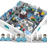 A brick-built space station interior with multiple figures in space suits and blue uniforms.