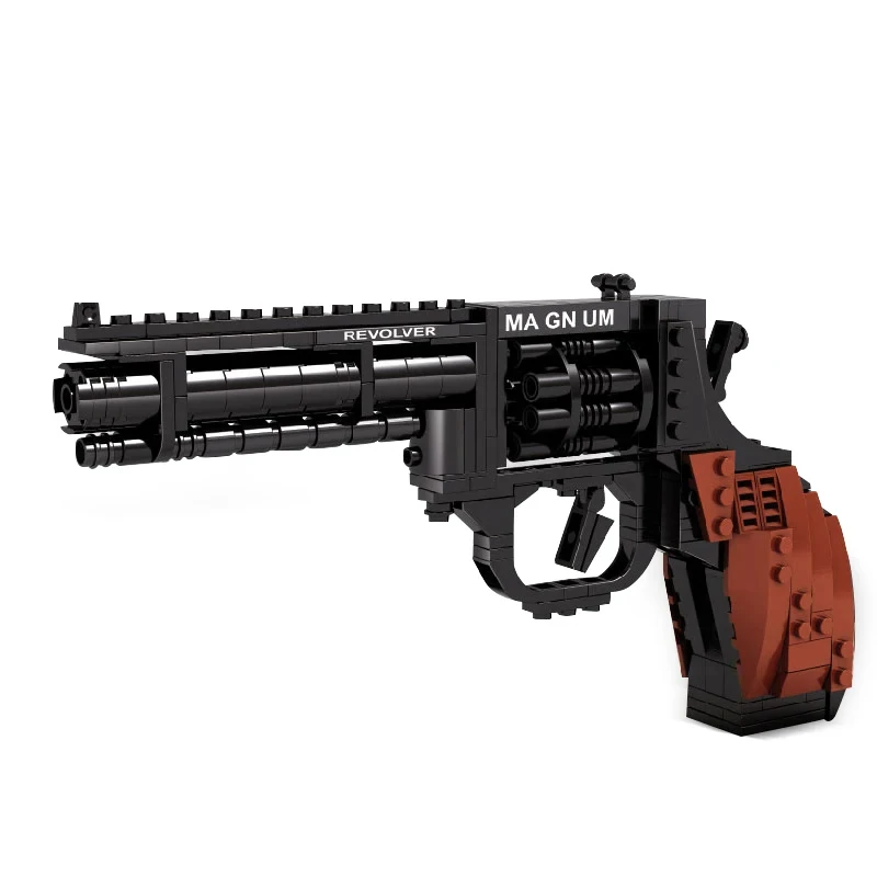 A black and brown toy revolver with the word REVOLVER on the barrel and MA GN UM on the side.