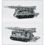 A gray toy military vehicle with a long missile on top is displayed in two images.