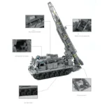 A gray toy missile launcher on tracks is displayed with four inset images showing different parts.