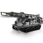 A black brick toy tank with a long missile on top.