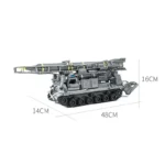 A gray military vehicle toy with a long missile launcher on top and dimensions indicated.