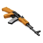 A toy gun with a black and tan body and a silver magazine is displayed.