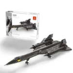A black toy airplane and its box are displayed.