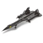 A black toy airplane with two engines, landing gear, and U.S. Air Force markings is displayed.