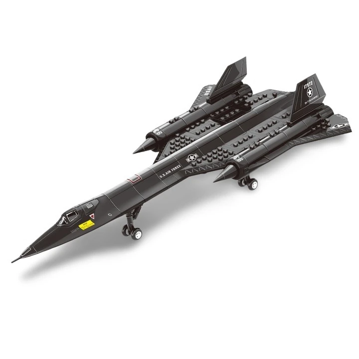 A black toy airplane with two engines, landing gear, and U.S. Air Force markings is displayed.