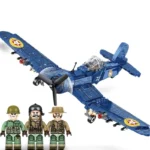 A blue toy airplane and three toy soldier figures are displayed.