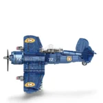 A blue toy airplane with a propeller and the number 72 on its side.