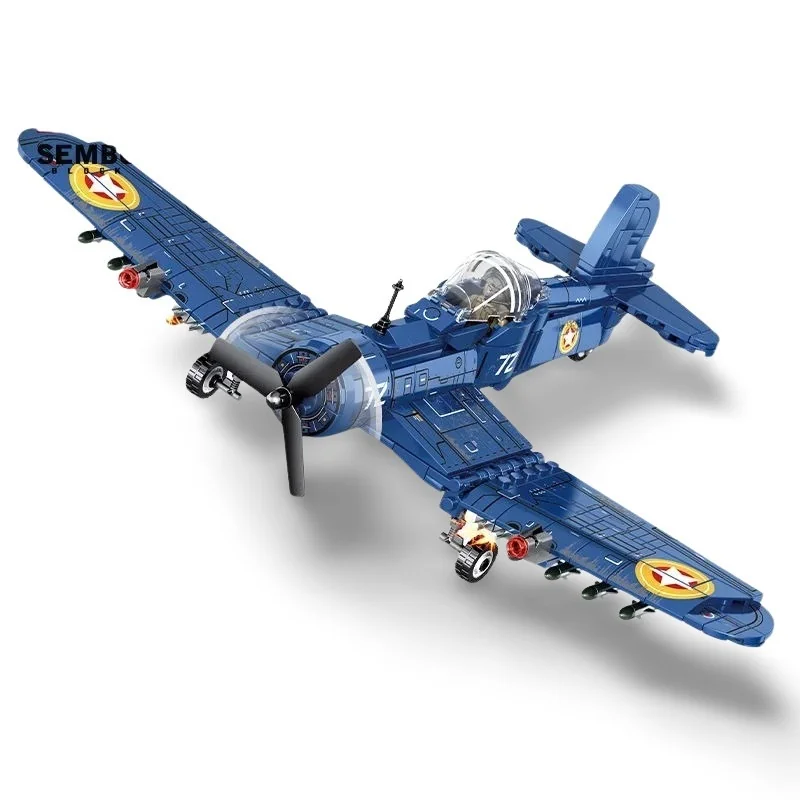 A blue toy airplane with a propeller and a number 72 on its side.