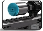 A black toy gun with a blue transparent cylinder attached to the top.