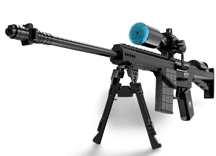 Black toy sniper rifle with a scope and bipod.