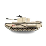 A tan toy tank with a long barrel, black treads, and multiple wheels.