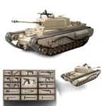 A tan toy tank with two cannons and a set of toy weapons and tools.
