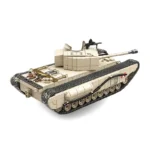 A tan toy tank with black treads and a long gun barrel is displayed.