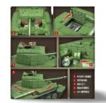 Green toy tank with five numbered sections showing different features and two figures inside.