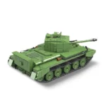 A green toy tank with a long barrel and multiple wheels.