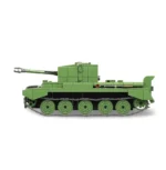 Green toy tank with a long gun barrel and multiple wheels on a black tread.