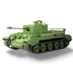 A green toy tank with a long cannon and black treads is displayed.