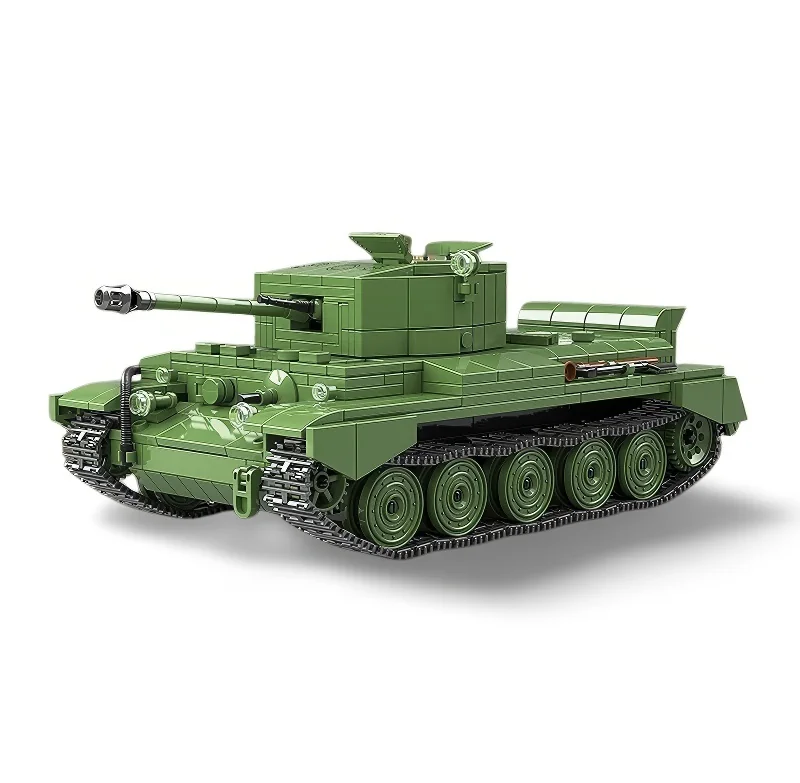 A green toy tank with a long gun barrel and multiple wheels is displayed.