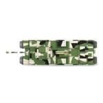 A toy tank with a green, white, and black camouflage pattern, featuring a long barrel and multiple wheels.
