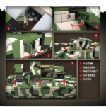 A toy tank with a green and white camouflage pattern is shown in five different views, highlighting its features.