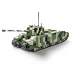 A toy tank with a green, white, and black camouflage pattern, featuring a long cannon and tracks.