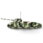 A toy tank with a green, black, and white camouflage pattern has a long gun barrel and antenna.
