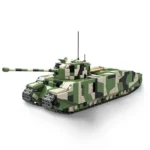 A toy tank with a green and white camouflage pattern and a long cannon is displayed.