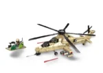 A toy helicopter with a pilot and a toy soldier with a weapon are shown.