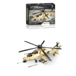 A tan military helicopter toy with black rotors and red missiles, along with its packaging box.