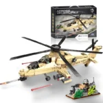 A tan toy helicopter with black rotors and a toy soldier figure with a weapon are displayed.