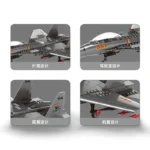 Four images of a gray toy airplane with red accents are displayed in a grid.