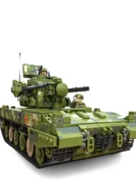 A green and gray toy tank with two figures is displayed.