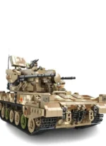 A tan and brown brick tank toy with a red star and a figure inside is displayed.