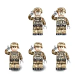 Six toy figures wearing camouflage uniforms and helmets are saluting.